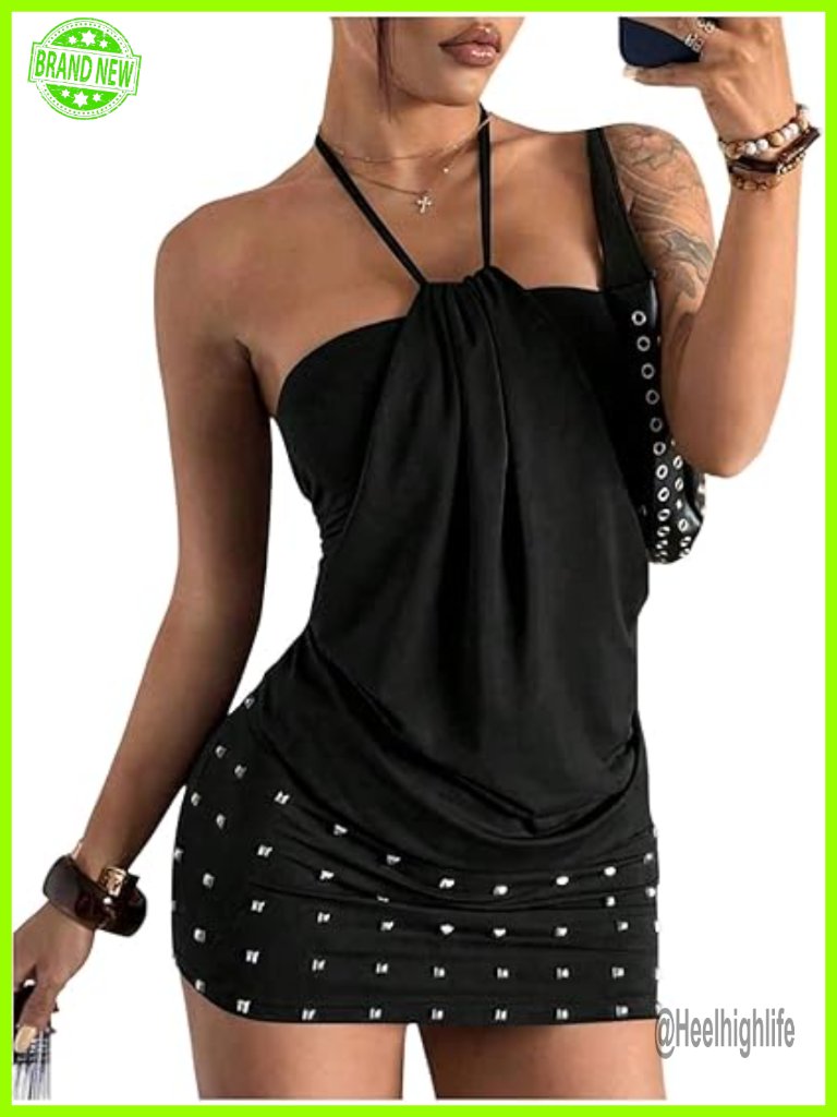 Grunge Rivet Draped Front Halter Mini Dress Sexy Bodycon Backless Night Out